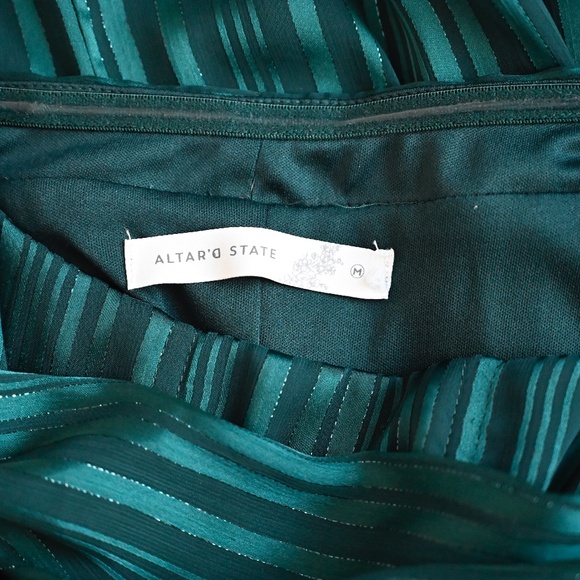 Altar’d State Green Striped Satin Long Sleeve Flowy Mini Dress - Picture 3 of 3